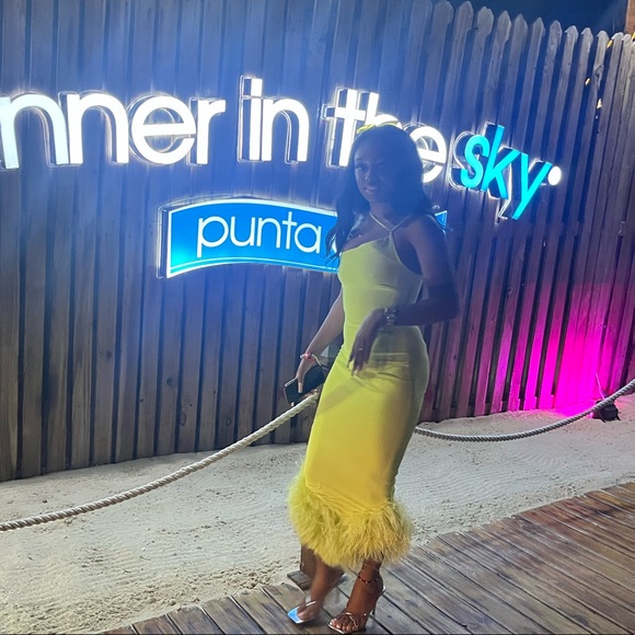 House of CB Alessia Asymmetric Feather Trim Midi Dress - Picture 1 of 2